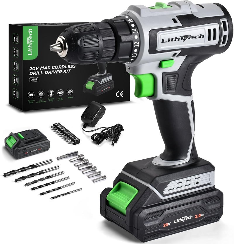 LITHITECH Cordless Drill Set, 20V Power Drill with Battery 2.0Ah and Charger, 3/8-Inch Keyless Chuck Electric drill, 18+1 Position, 2 Variable Speed, 380 In-lb Torque (Green) - Image 1